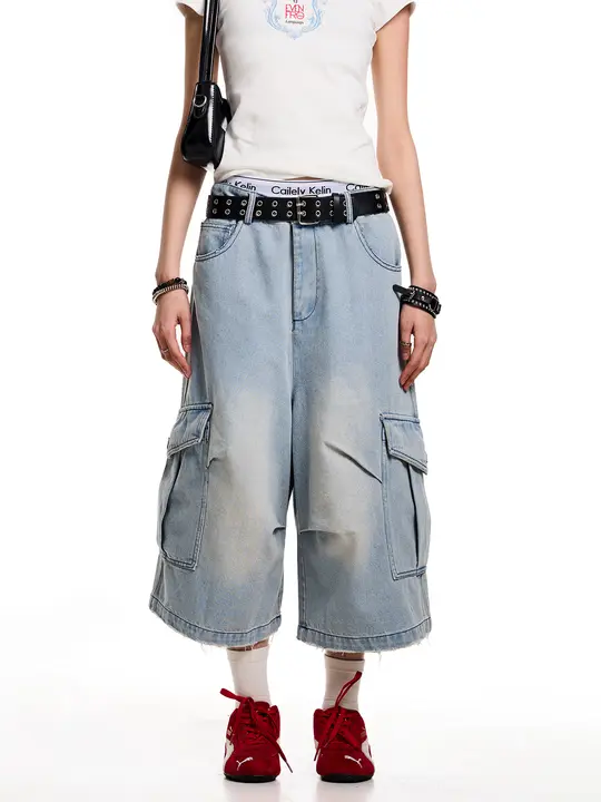 水洗加工のワークスタイルデニム七分丈パンツ【ユニセックス・アメリカンレトロ・ゆったりしたシルエット】