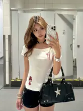 オフショルダー 半袖Tシャツ レディース クロス柄 発泡プリント ウエストマーク 着痩せ クロップドトップス 夏 アメカジ ヴィンテージ 「BeOurRule」