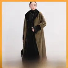 黄金色の長袖ウールコート【トレンディなバイカラー・女性用・ロング丈】