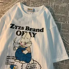 アメリカンレトロな楽しいウサギプリント半袖Tシャツ