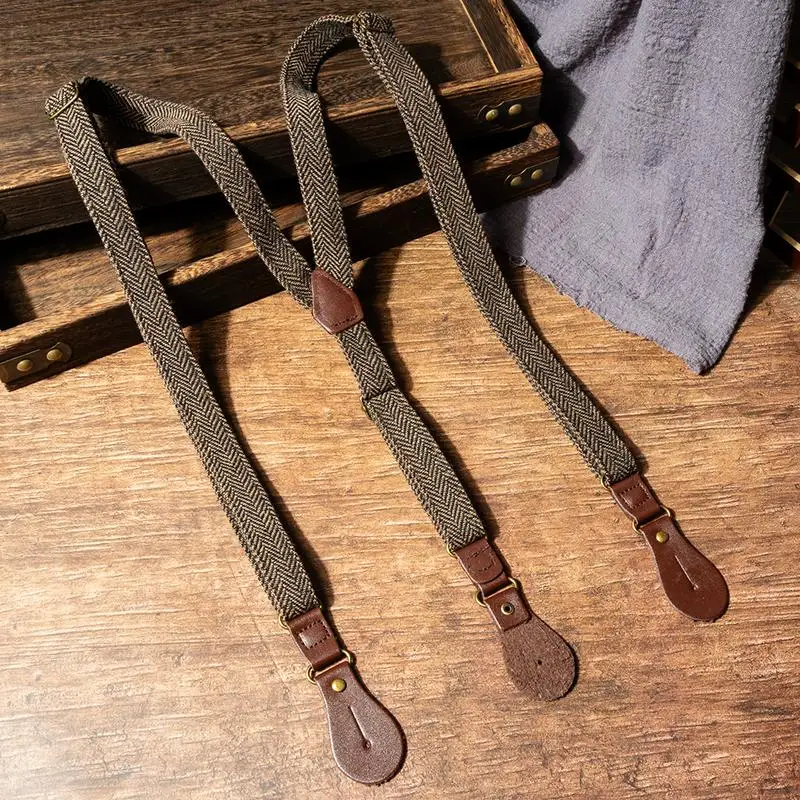 レトロ風ツイード柄サスペンダー付きパンツ：滑り止めボタンで快適な日常着用を実現