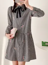花柄刺繍チェックコットンシャツワンピース【ウエストリボン・チェックデザイン】