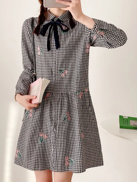 花柄刺繍チェックコットンシャツワンピース【ウエストリボン・チェックデザイン】