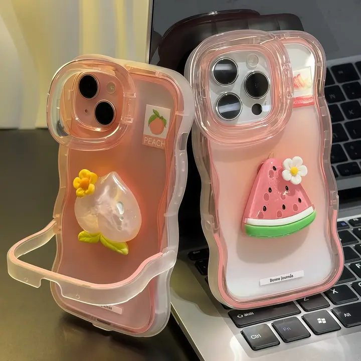 スイカと水蜜桃の立体キャラクター iPhone用ケース【対応機種：iPhone・小米・Huawei・OPPO・VIVO・スタンド付き】