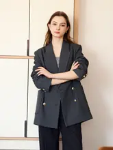 レトロ風 ダブルブレスト金ボタン グレーのカジュアルブレザー【トレンチカラー・ゆったりフィット・通勤用】