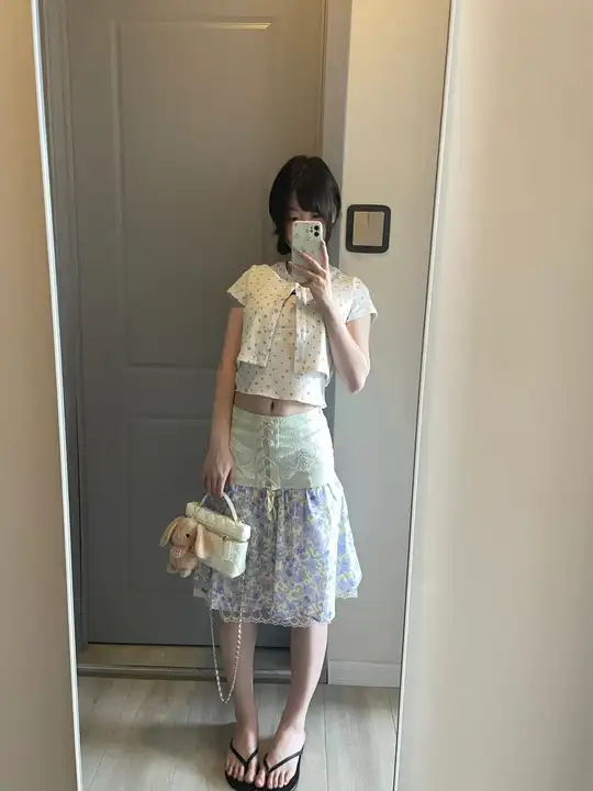 フランス風ヴィンテージスタイルのパープルフラワープリントスカート【女性用・夏用・中長丈・スウィートデザイン】（セットアップ対応）