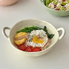 高級感ある陶器製ダブルハンドボウル【スープ・サラダ・麺用・家庭用食器】