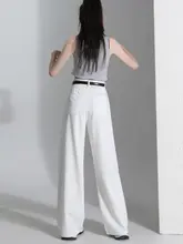 ホワイト 天然シルク混デニムパンツ【高腰・ストレート・ワイドレッグ・春秋用】