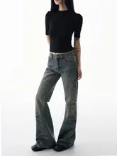 美式復古デザインの微喇バギーデニムパンツ【レディース・スリムフィット・秋用】（セットアップ対応 ）