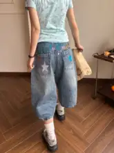 アメリカンヴィンテージ 星柄刺繍入りワイドレッグデニムパンツ【夏用・男女兼用・七分丈】