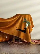 レトロな黒猫デザインのフリース毛布【トリミング付き・秋冬用・リバーシブル】