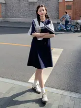ネイビーブルーのオフショルダーセーラーカラーワンピース【カジュアル・夏用・デザイン】（セットアップ対応）