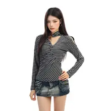 ストライプ柄ロングスリーブTシャツ【肩出しデザイン・女性用・春季向け】