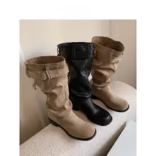秋スタイルのロングブーツ【女性用・広めの筒・フラットヒール・ウエスタンデザイン】