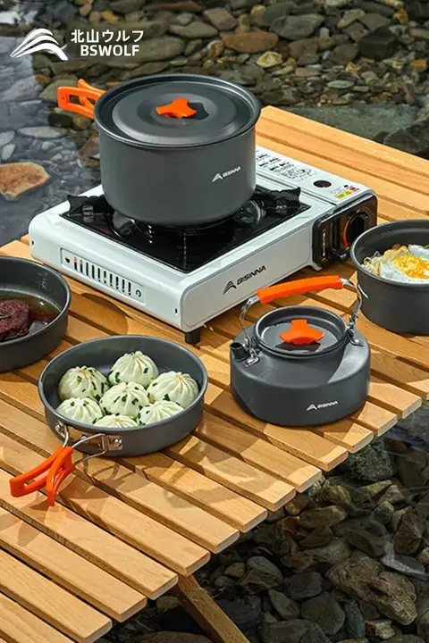 BSWolf アウトドア用アルミ製鍋セット【携帯用湯沸かし器・カセットコンロ対応・万能調理器具】（セットアップ対応）