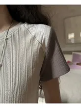 三色織物のストライプ柄レース切替ショートスリーブTシャツ【夏用・ラウンドネック・スリムフィット】