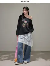 レース切り替えデザインの大きいサイズデニムパンツ【快適なフィット・レイヤードスタイル】（セットアップ対応）