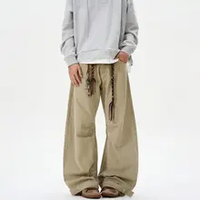 ISIETS メンズヴィンテージウォッシュウエストカットデニムパンツ【ゆったりワイドレッグ・工装スタイル】