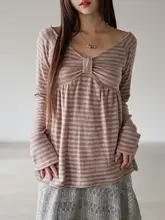 レトロストライプオフショルダー長袖Tシャツ【リボン付き・ゆったり・春用】