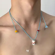 ブルーのレザーコードのドパミン小犬ネックレス【可愛いデザイン・引き伸ばし式・ロングスタイル】