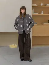 焦糖モカのレトロレースデザインの水洗い加工ウエストバンドパンツ【女性用・カジュアル・弯刀デザイン】（セットアップ対応）