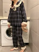 shinely レトロチェック柄 ドルマンスリーブ レース付き パジャマセット【女性用・秋冬・可愛い】