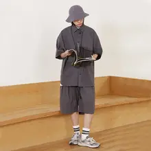 シティボーイ グレー無地ポケット付き半袖シャツ【メンズ・オールシーズン・カーゴデザイン】