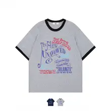 アメリカンヴィンテージ風カラーコンビネーションプリント半袖Tシャツ【ユニセックス・コットン製・学院風】（セットアップ対応）