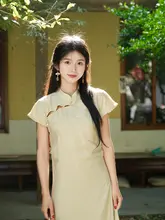 した印象の夏用中華風改良チーパオ【女性用・ハイウエスト・肌理調デザイン】（セットアップ対応）
