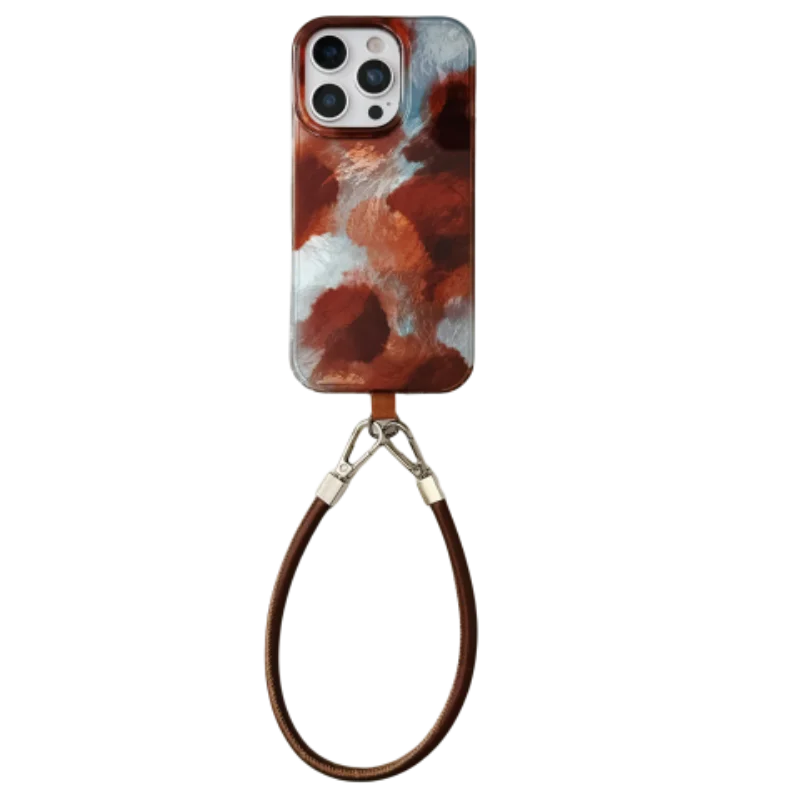 レトロ風のブルーとブラウンのグラデーション iPhone用ケース【ネックストラップとハンドル付き・個性的なデザイン】（セットア ップ対応）