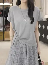 デザイン性のある不規則なニット短袖Tシャツ【ワンサイズ・ドレープ感・スリム効果】（セットアップ対応）