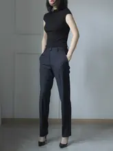 女性用通勤スーツパンツ【高級感・細身シルエット・ウール製・濃紺色】