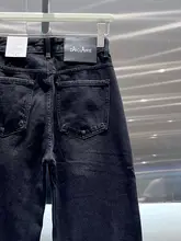 高腰の黒灰色デニムパンツ【秋冬用・裏起毛・ワイドレッグ】（セットアップ対応）