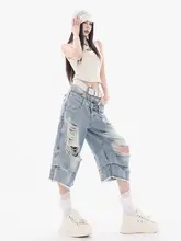 ABWEARオリジナル ダブルウエスト リップドデニムショートパンツ