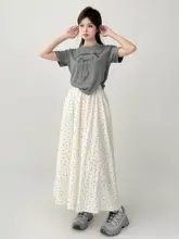 ポルカドットのロングスカート【春夏用・体型カバー・ミディアムウエスト・レディース】（セットアップ対応）