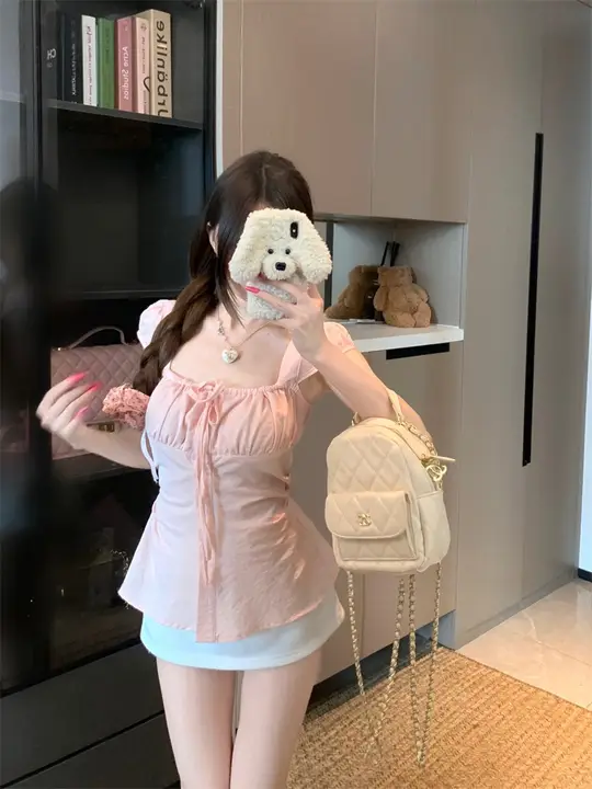 夏用 フリルデザインのピンク方領シャツ【ウエストマーク・女性用・スタイリッシュ】（セットアップ対応）