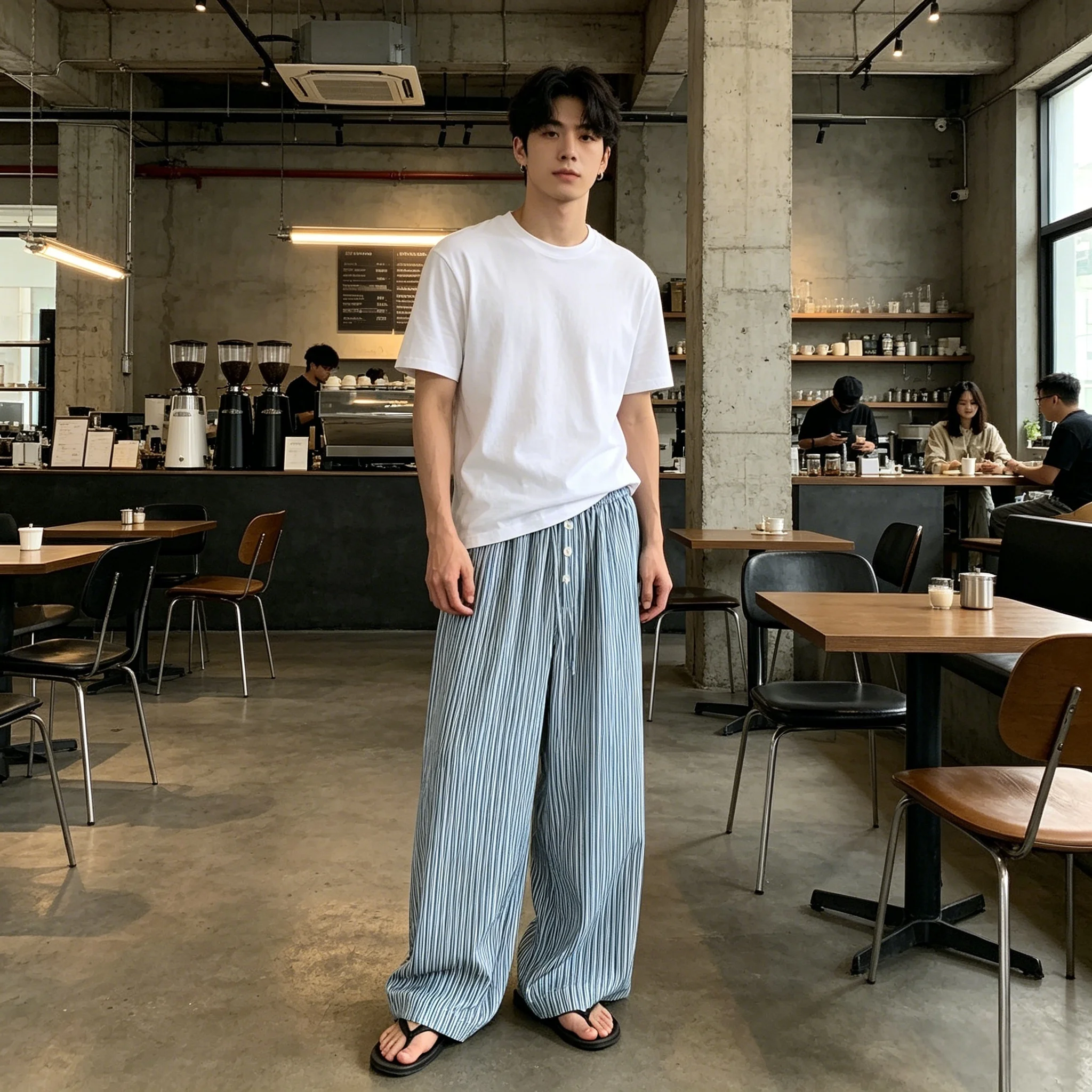 ストライプガウチョ コーデ 夏：リゾートスタイルの薄手直筒パンツで軽やかな日常コーデを実現