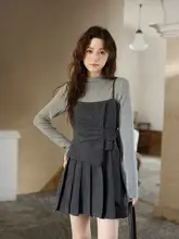 秋冬用 グレー Tシャツワンピース【ユニークでエレガント・ディテール付き】（セットアップ対応）