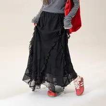 レディース ブラックレース重ね風ハイウエストスカート【春のコーデ・フリルデザイン】