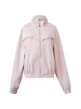 秋季用粉色デニムジャケット【ユニークなレース襟・リボン付きジッパー】