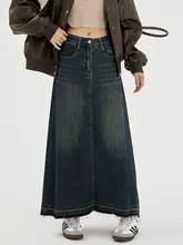 レトロなデニムハイウエストミディスカート【Aライン・スリット入り・秋冬用】（セットアップ対応）