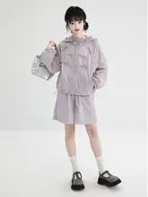 紫色フード付きUVカット薄手防止衣【夏用・女性・ショートパンツ・デザイン】（セットアップ対応）