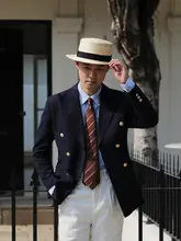 ネイビーブルー生地のブレザー【ビジネスカジュアル・スリムフィット・金属ボタン】