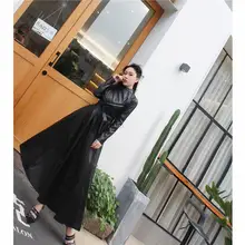 ハイネックデザインのタイトフィットPUレザーワンピース【長袖・ロング丈・バインディングデザイン】