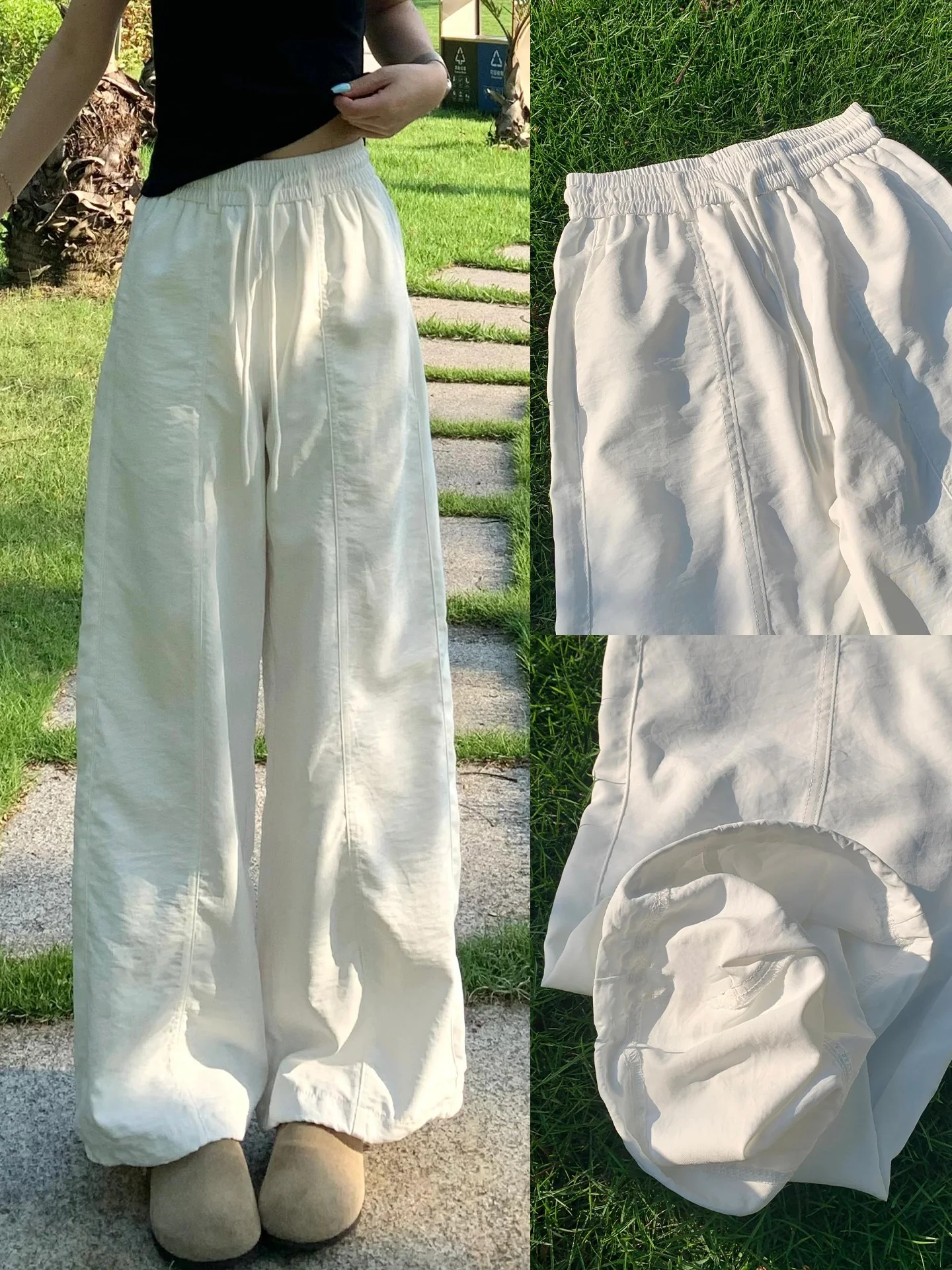 白色ワイドレッグスポーツパンツ：高腰設計とスリム効果を実現する春夏用レディースウェア