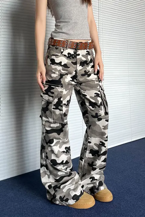 カーゴパンツ レディース カモフラージュ フレア ストレート アメカジ ヴィンテージ ストリート ゆったり デザイン 「apocket」