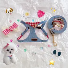 デニム風ペット用ハーネス【小型犬・リード付き・かわいいデザイン】