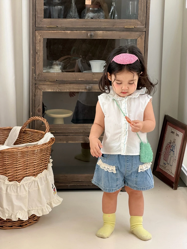 夏用女の子デニムノースリーブトップスとショートパンツセット：9ヶ月児向けの軽量通勤着の実用性解析