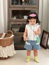 夏用 女の子デニムノースリーブトップスとショートパンツ【薄手・フリル付き・カジュアルデザイン】（セットアップ対応）