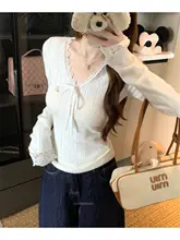 フリルレースVネックニットトップス【長袖・ウエスト絞り・春用】